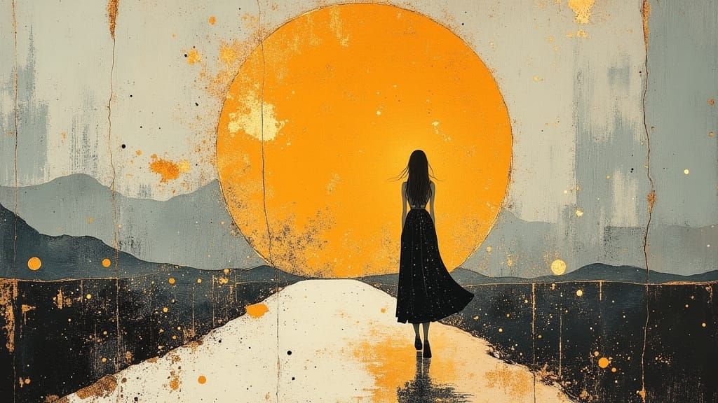 Surreal Woman Walks Dreamscape Road in Ocher Hues