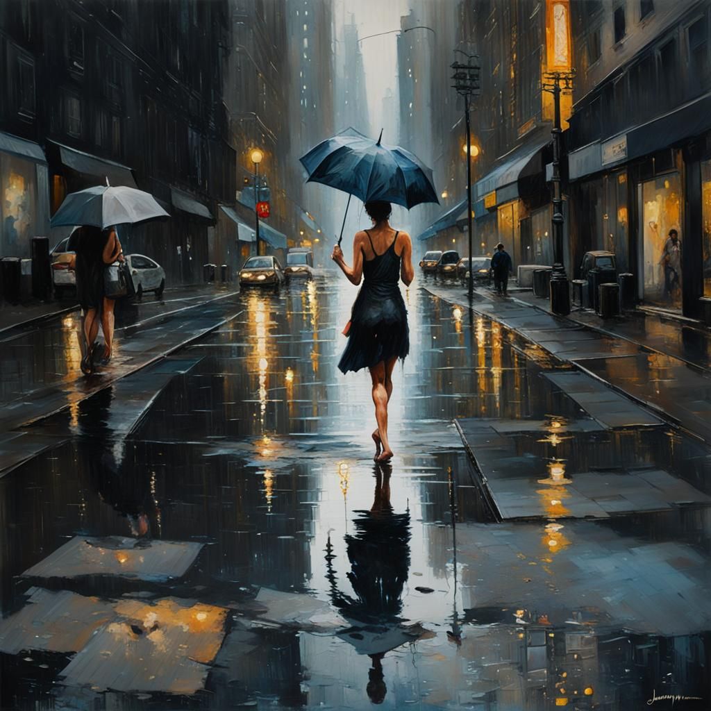 Woman in Rain: Hyper-Realistic Watercolor Cosmic Cityscape