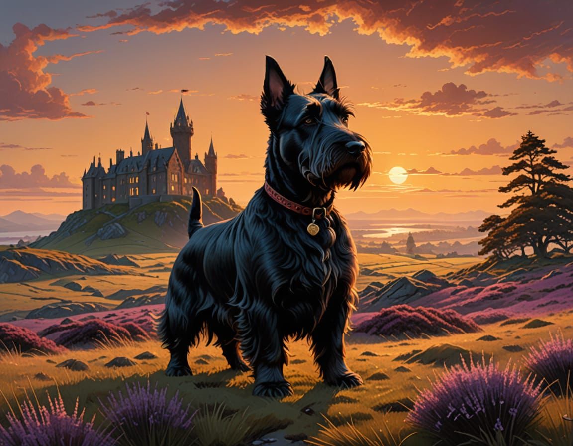 Scottish Terrier on Windswept Moor at Sunset