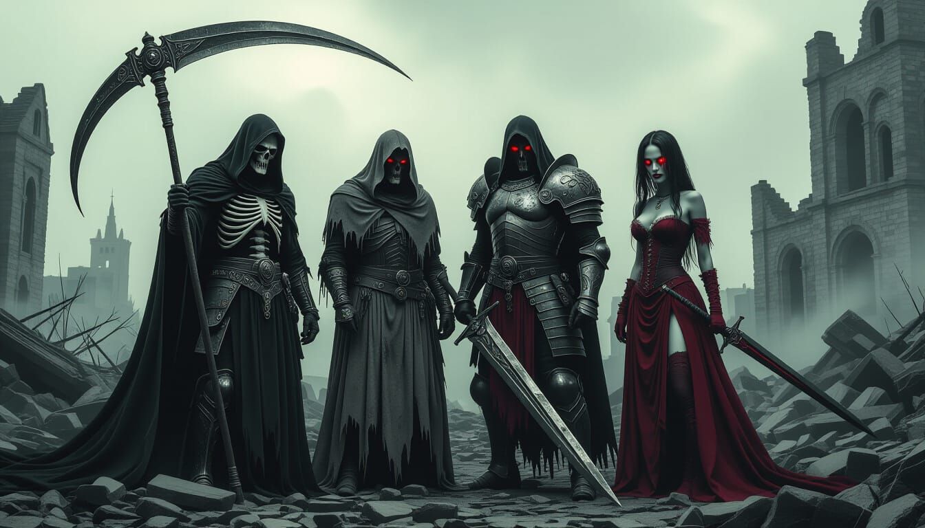 Apocalyptic Horsemen Amidst Ruins: Dark Fantasy