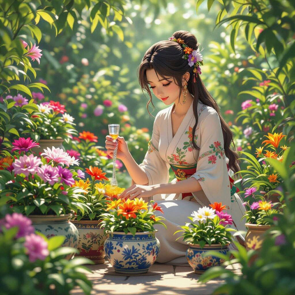 Woman in Vibrant Garden, 3D Anime Style