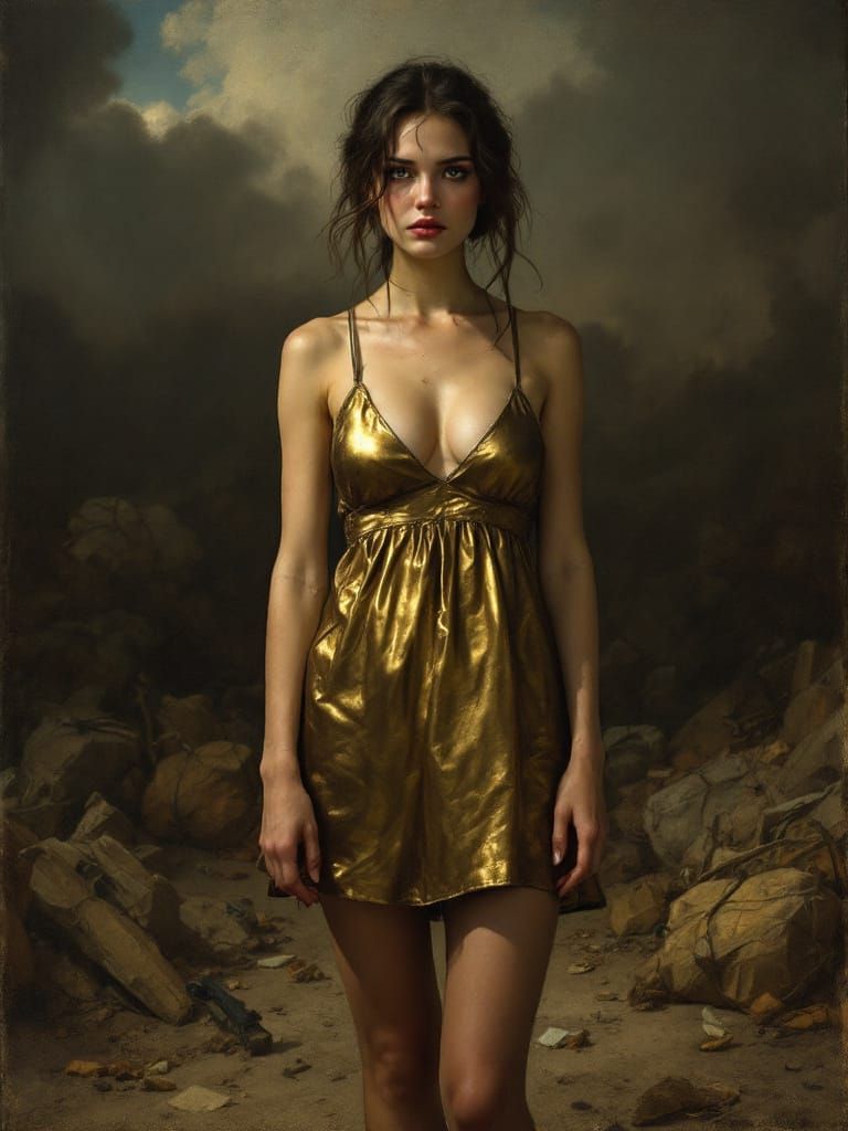 Goya & Bruegel Style Woman in Metallic Gold Dress