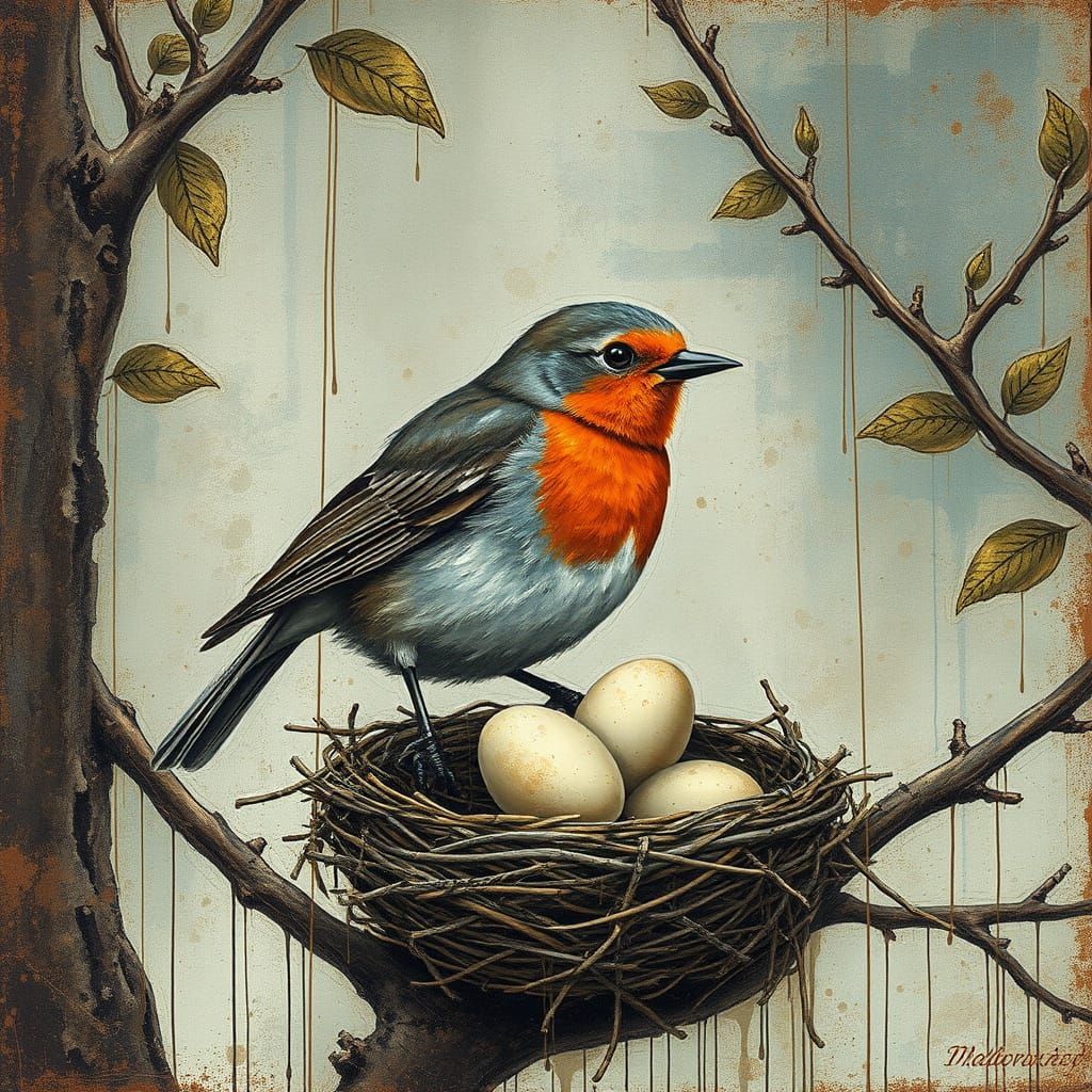 Vibrant Robin Nest in Grungy, Textured Digital Art