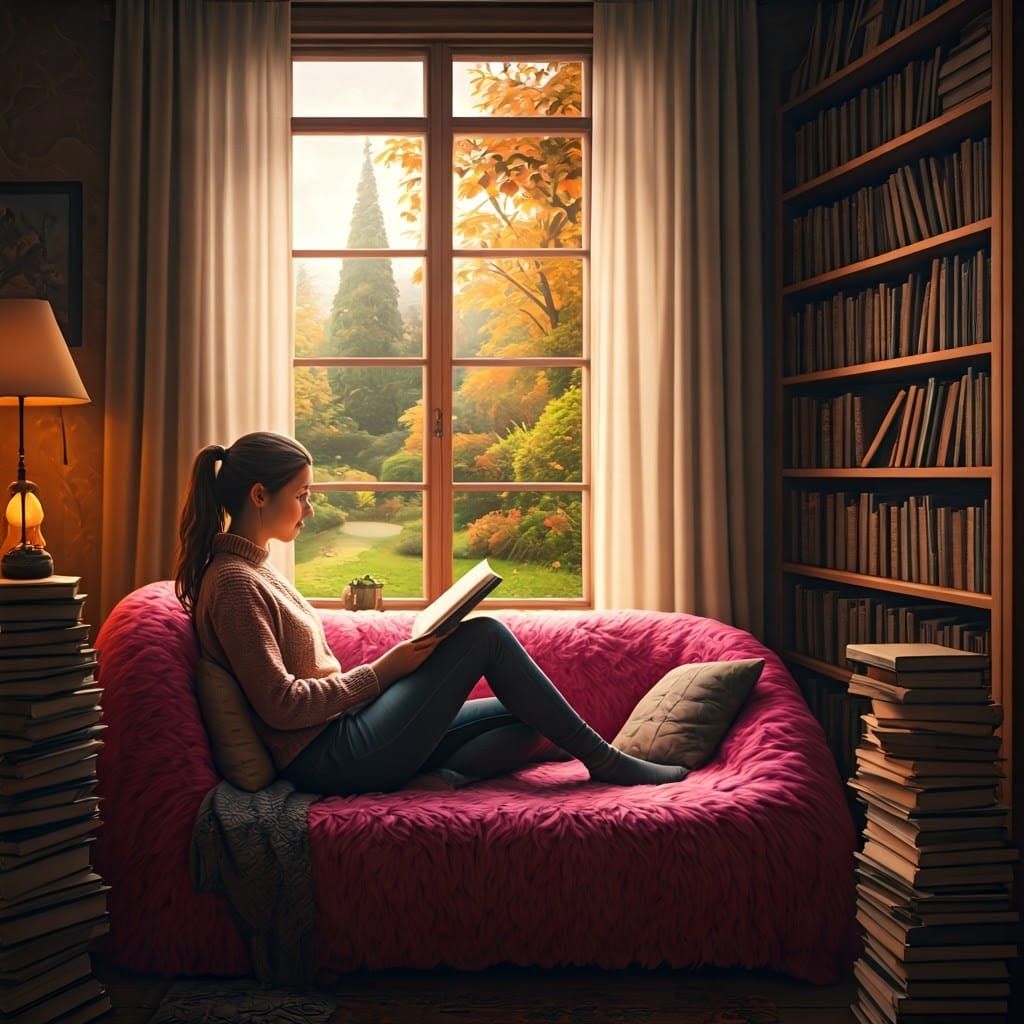 Cozy Reading Nook with Autumn View in Matte Painting