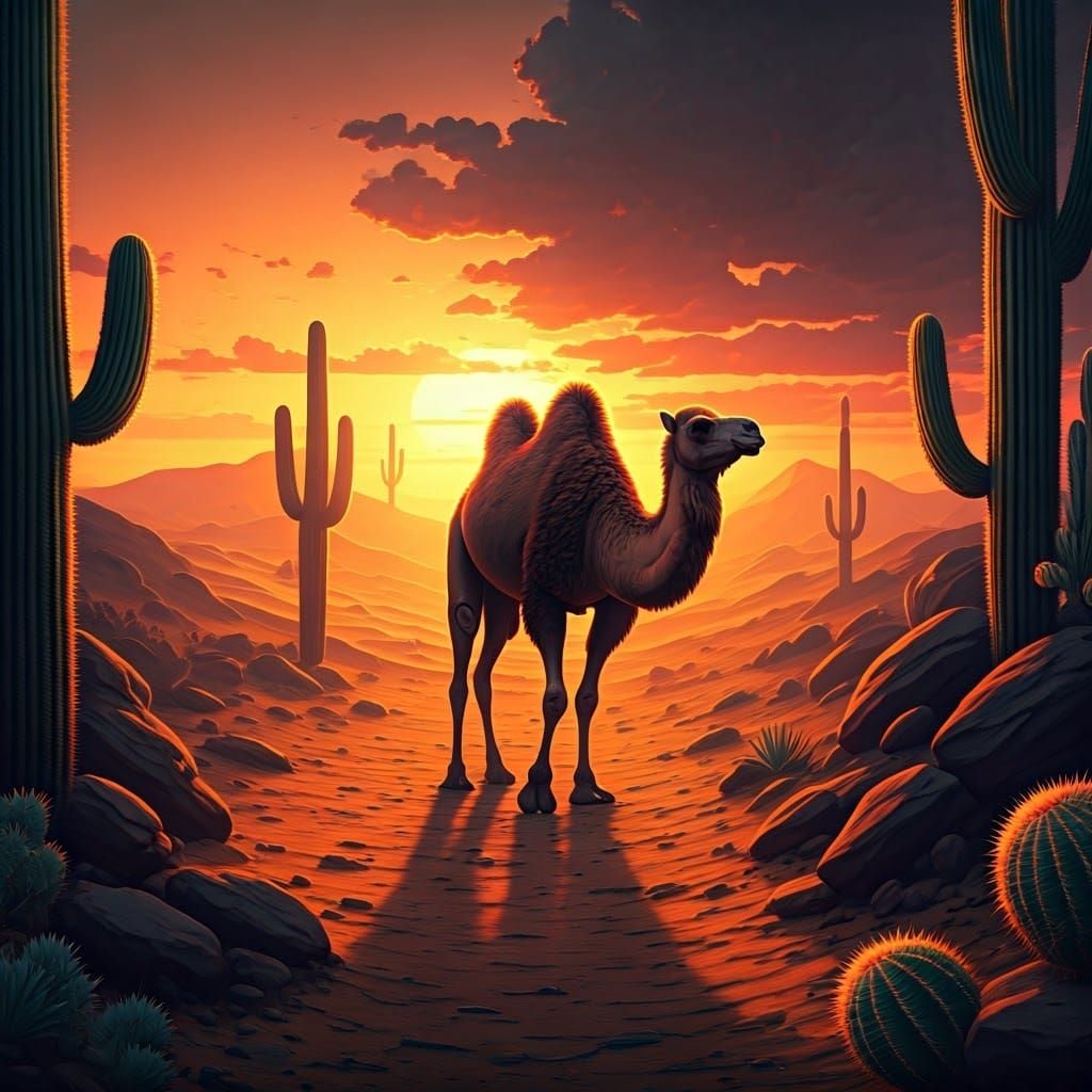 Camel in Fiery Desert Sunset: Digital Matte Painting