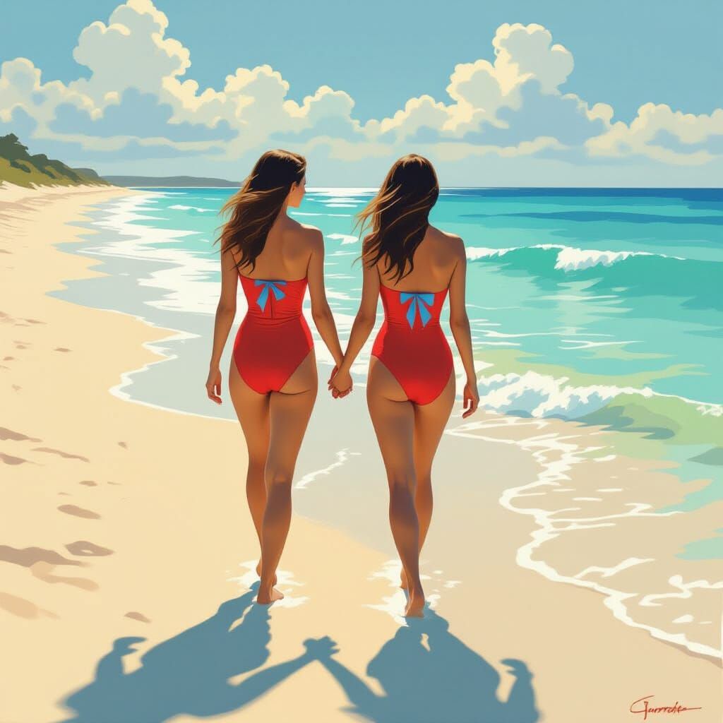 Woman in Red Swimsuit on Golden Beach