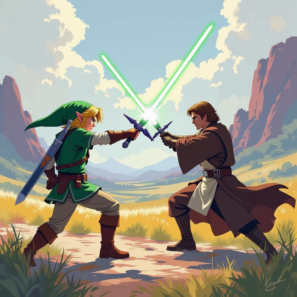 Epic Battle: Link vs. Anakin in Fantasy Landscape