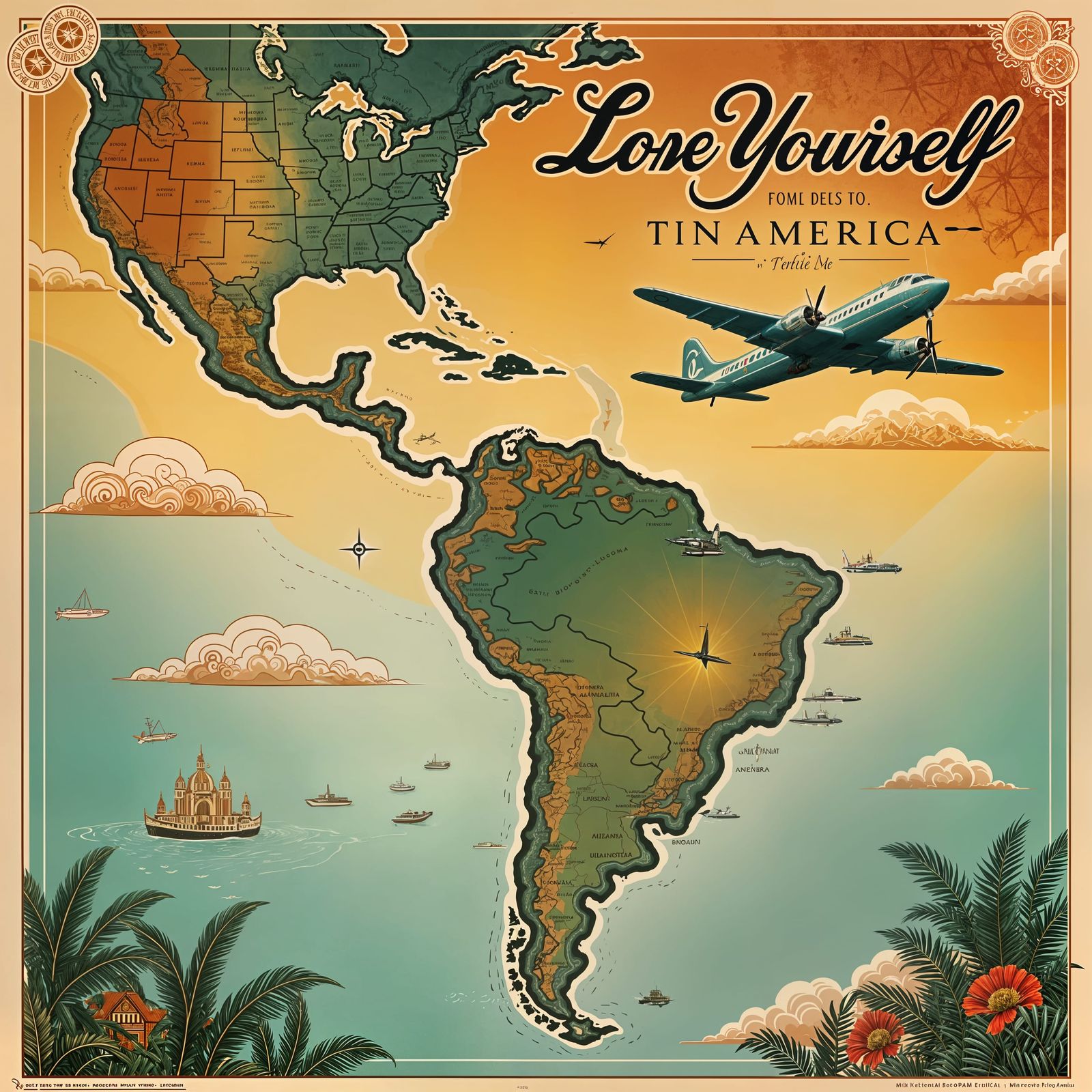 Vintage Map of Latin America with DC-3 Airplane