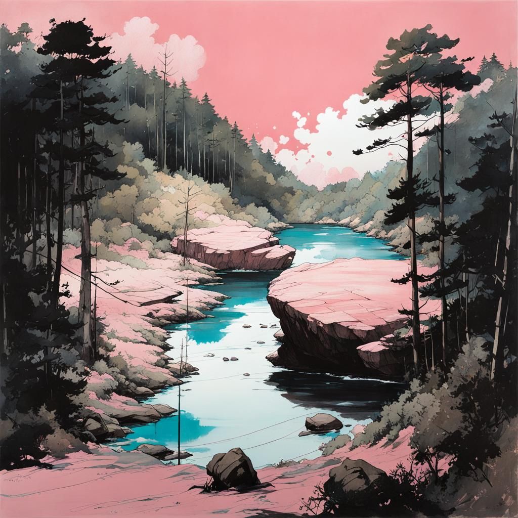 Surreal Pink Granite Platform Landscape in Vaporwave Style