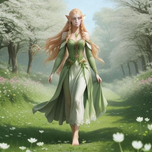 Elven Girl Walks Through Clover Field