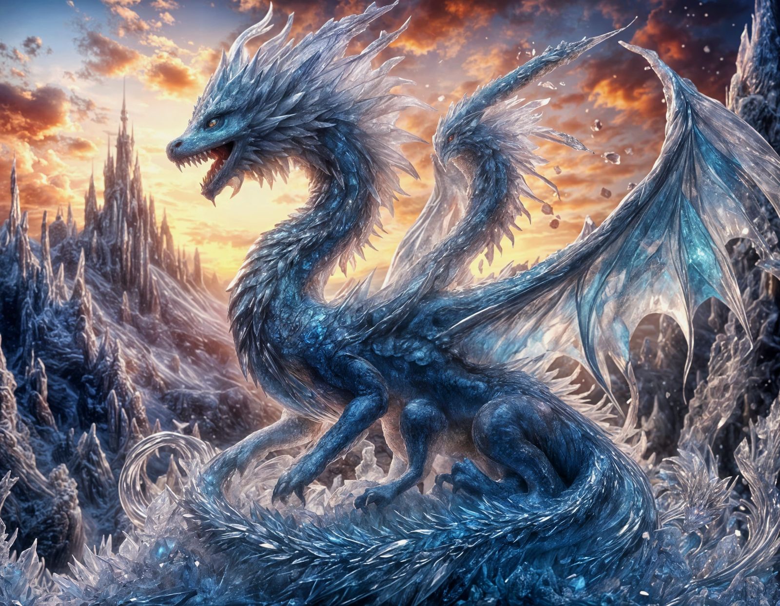 Crystal ice Dragon in a winter Ice Kingdom