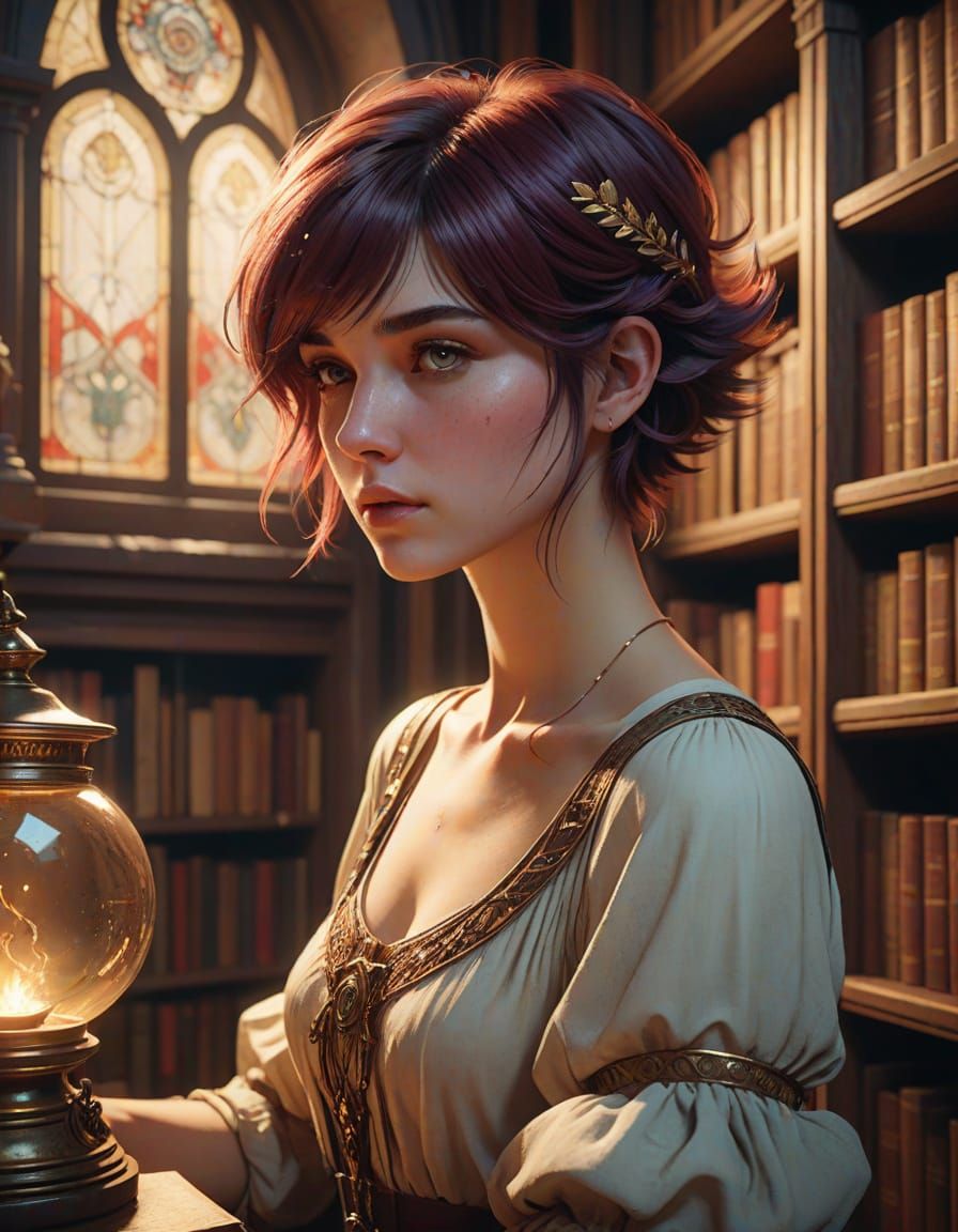 Mystical Alsatian Woman Unravels a Secret in a Half-Dark Lib...