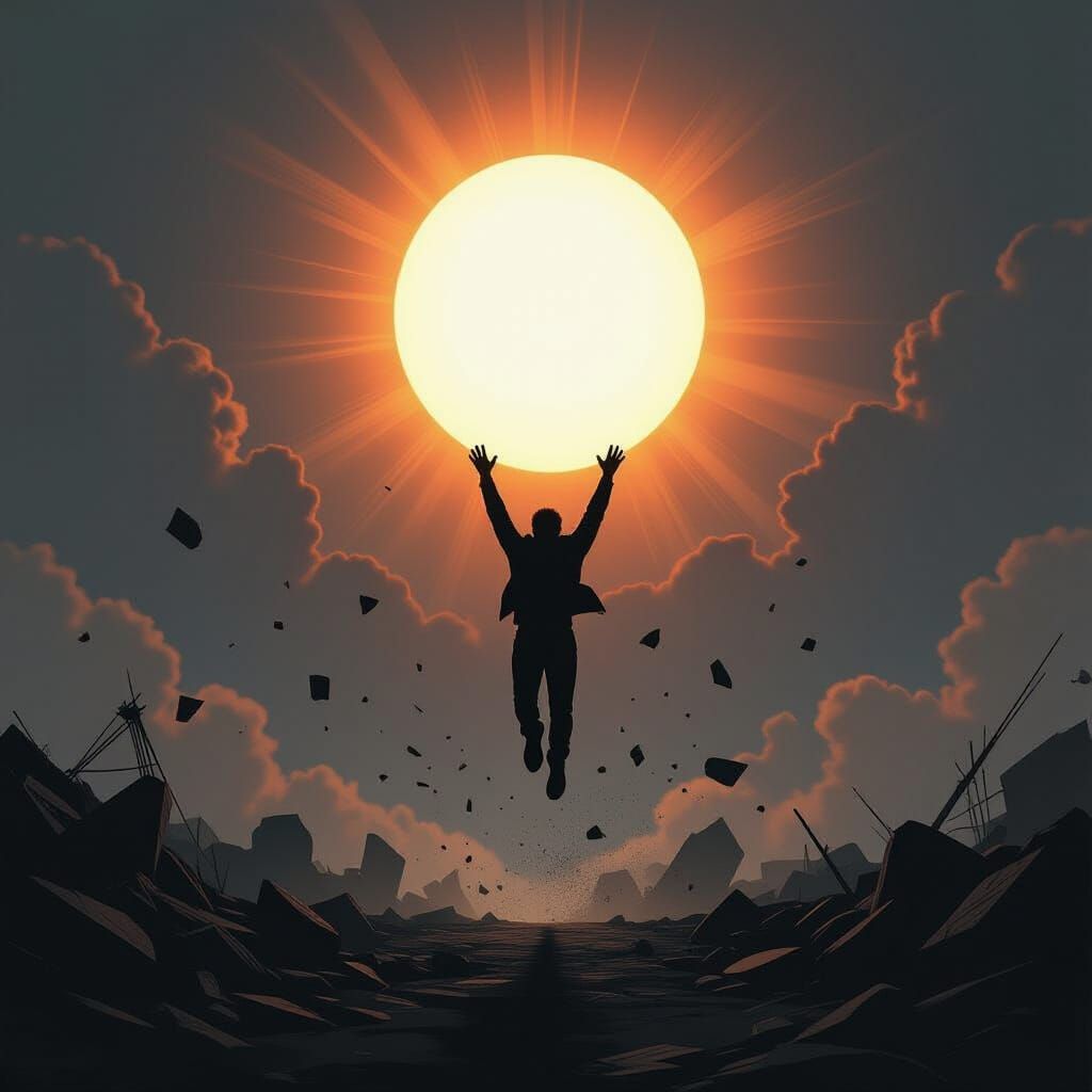 Triumphant Silhouette Ascending Towards Radiant Sun