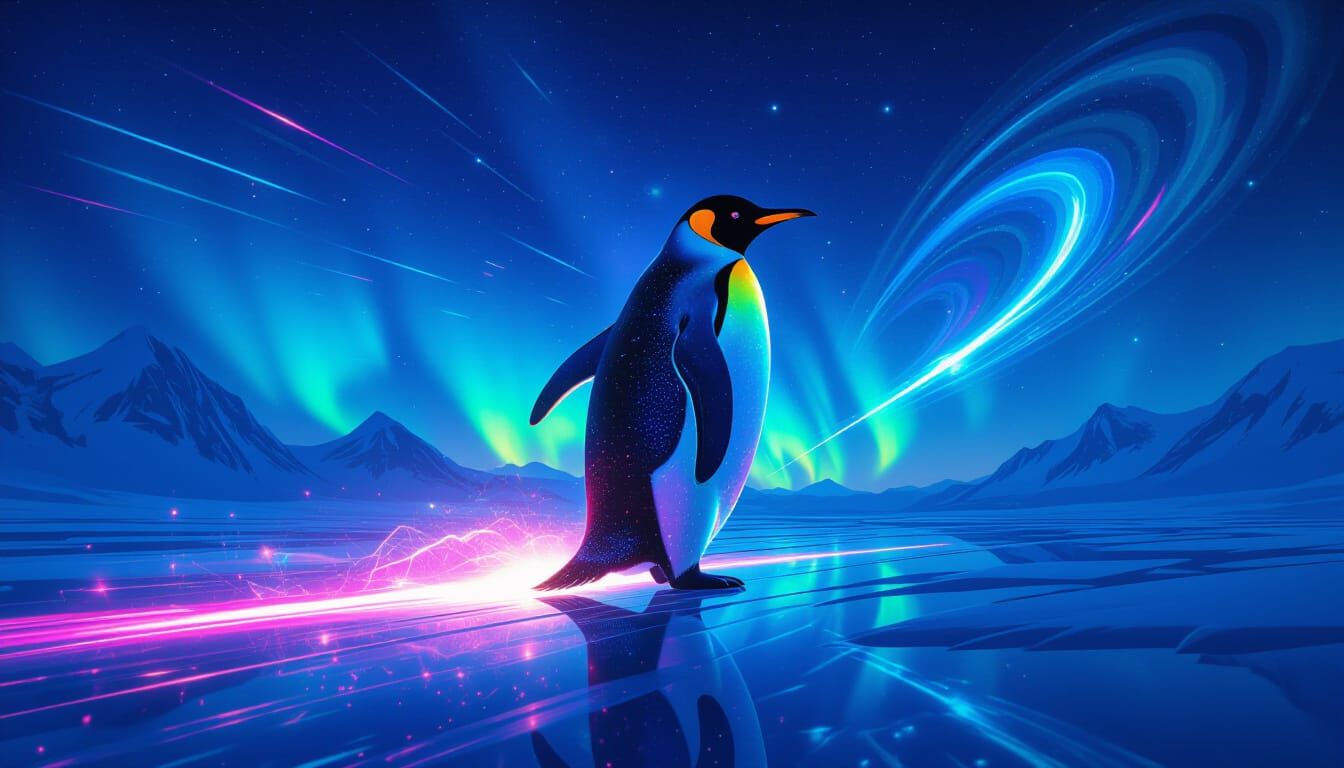 Giant Laser Penguin in Aurora Antarctica