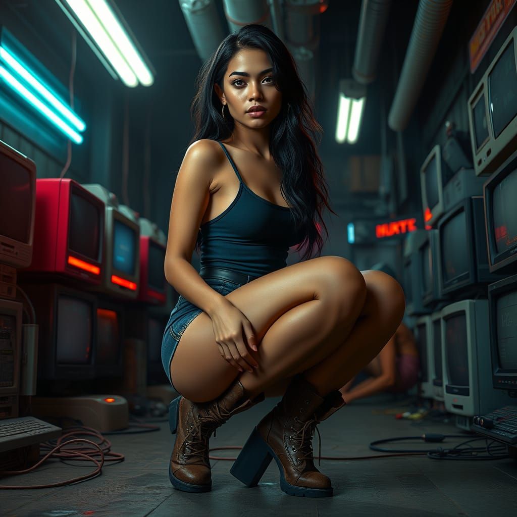 Cyberpunk Woman in Industrial Retro Tech Room