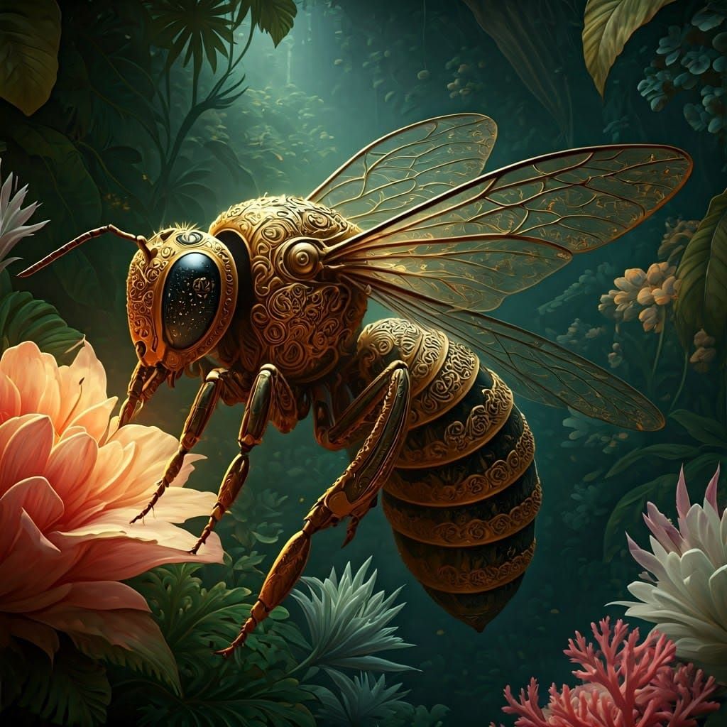 Robotic Bees Pollinating a Rococo Flower Garden