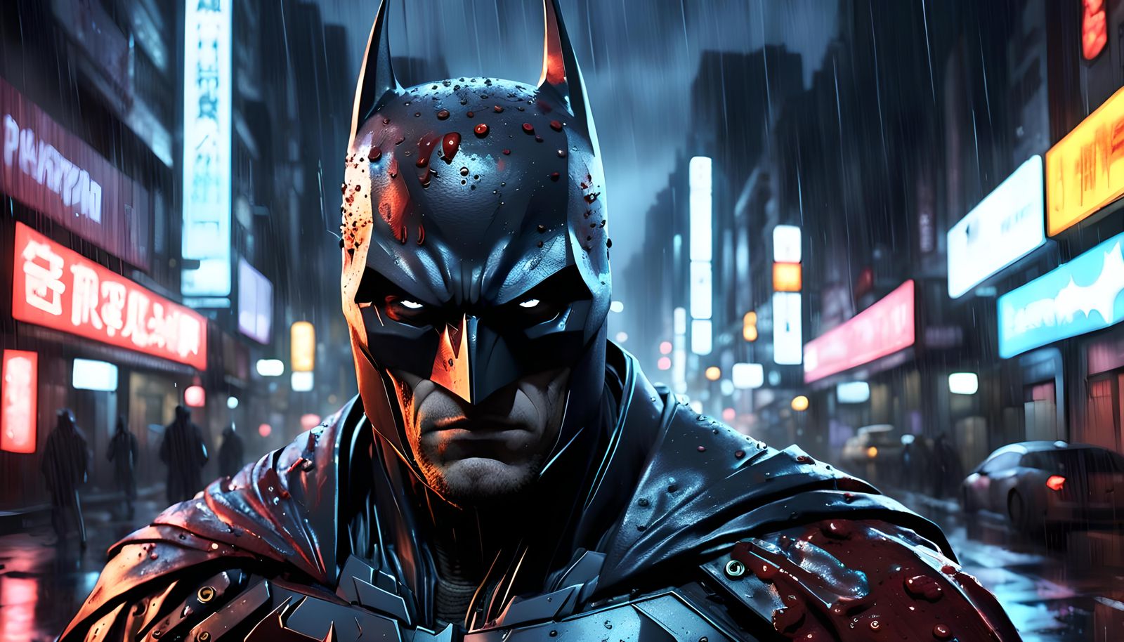 Cyberpunk Gothic Batman Portrait on Rainy Street