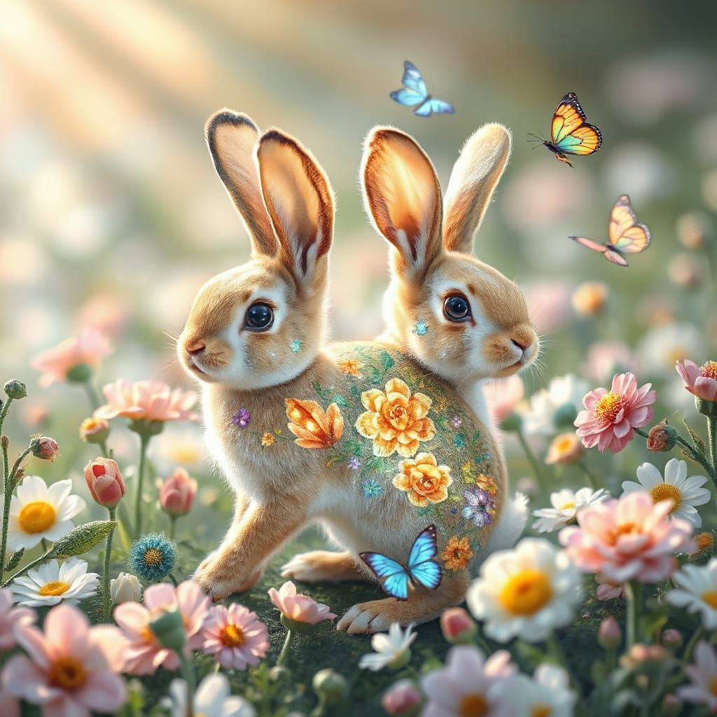 Enchanted Rabbit Blooms Like a Flower in Magical Meadow