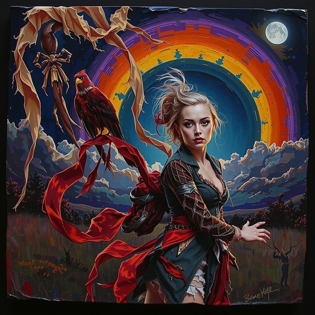 Glamorous Woman in Tattered Luxury on Windswept Moor at Twil...