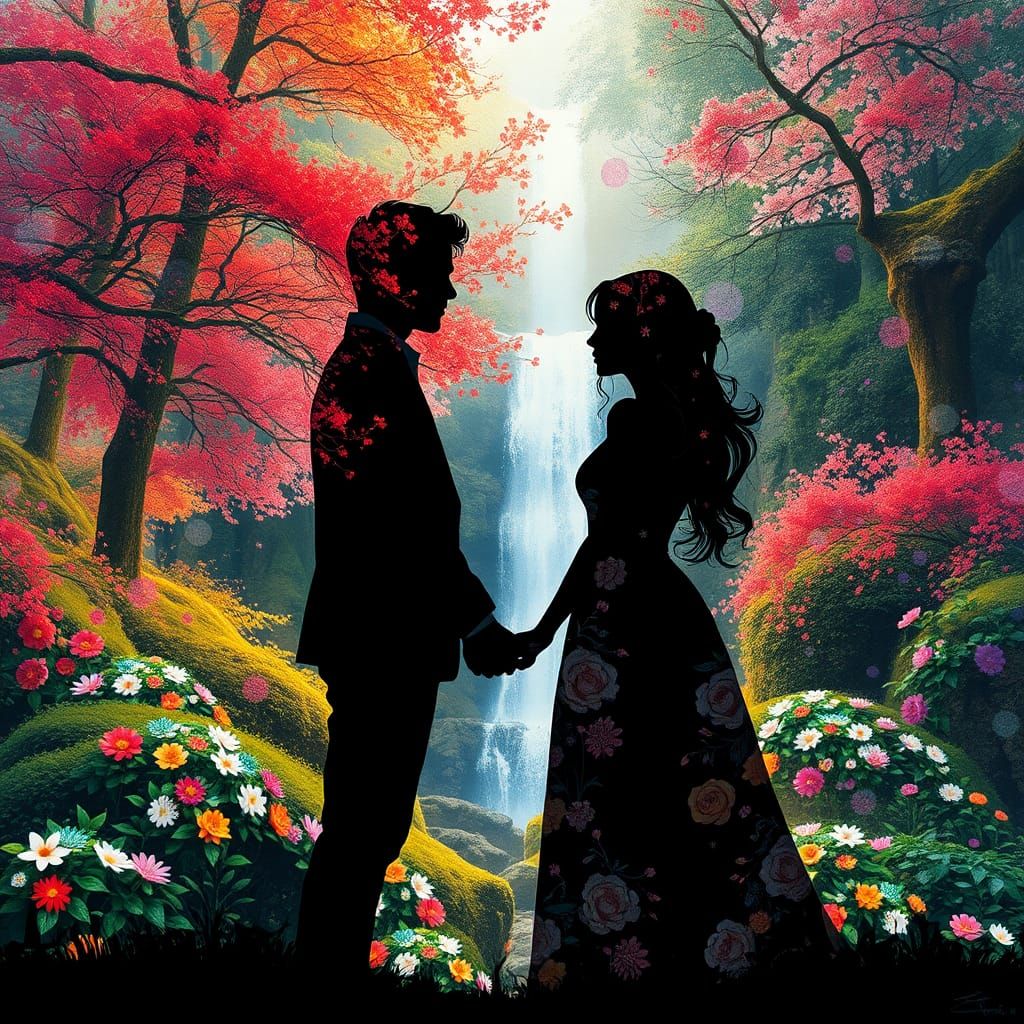 Double Exposure: Couple in Flowery Forest, Splash Art Style