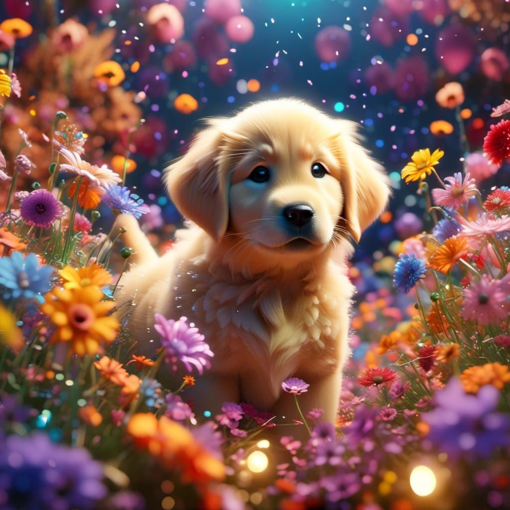 Golden Retriever Puppy in Floral Scene, 3D Digital Art