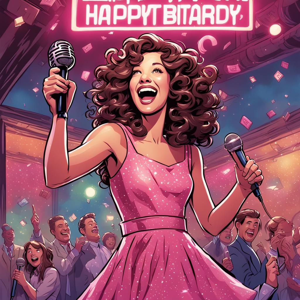 Happy Woman Celebrates Karaoke Birthday in Comic Book Art