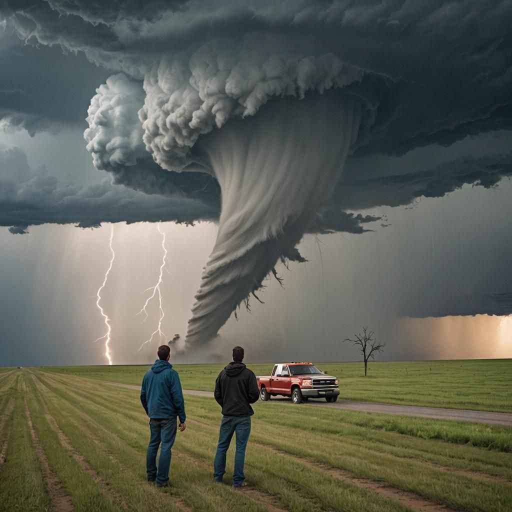 Storm Chaser Confronts Tornado in Open Field