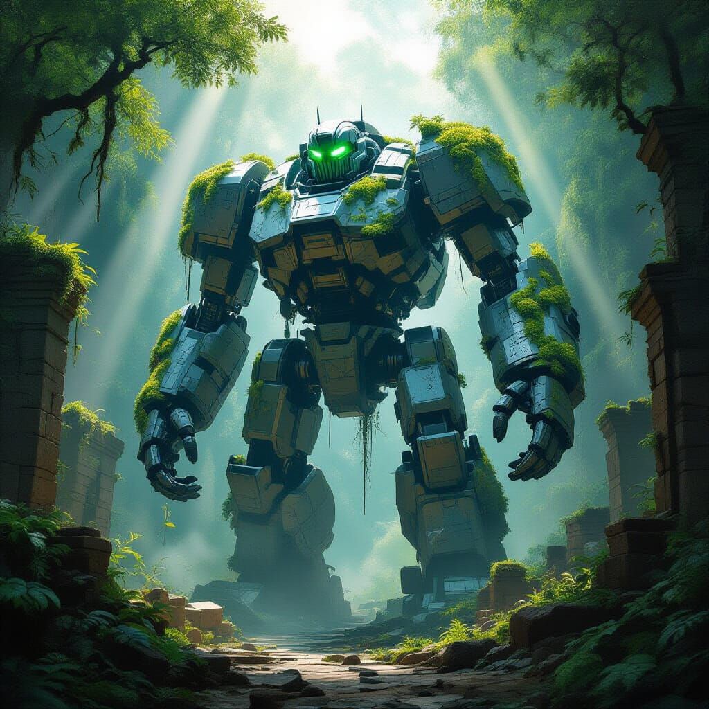 Ancient Robot Overgrown in Jungle City, Painterly Style