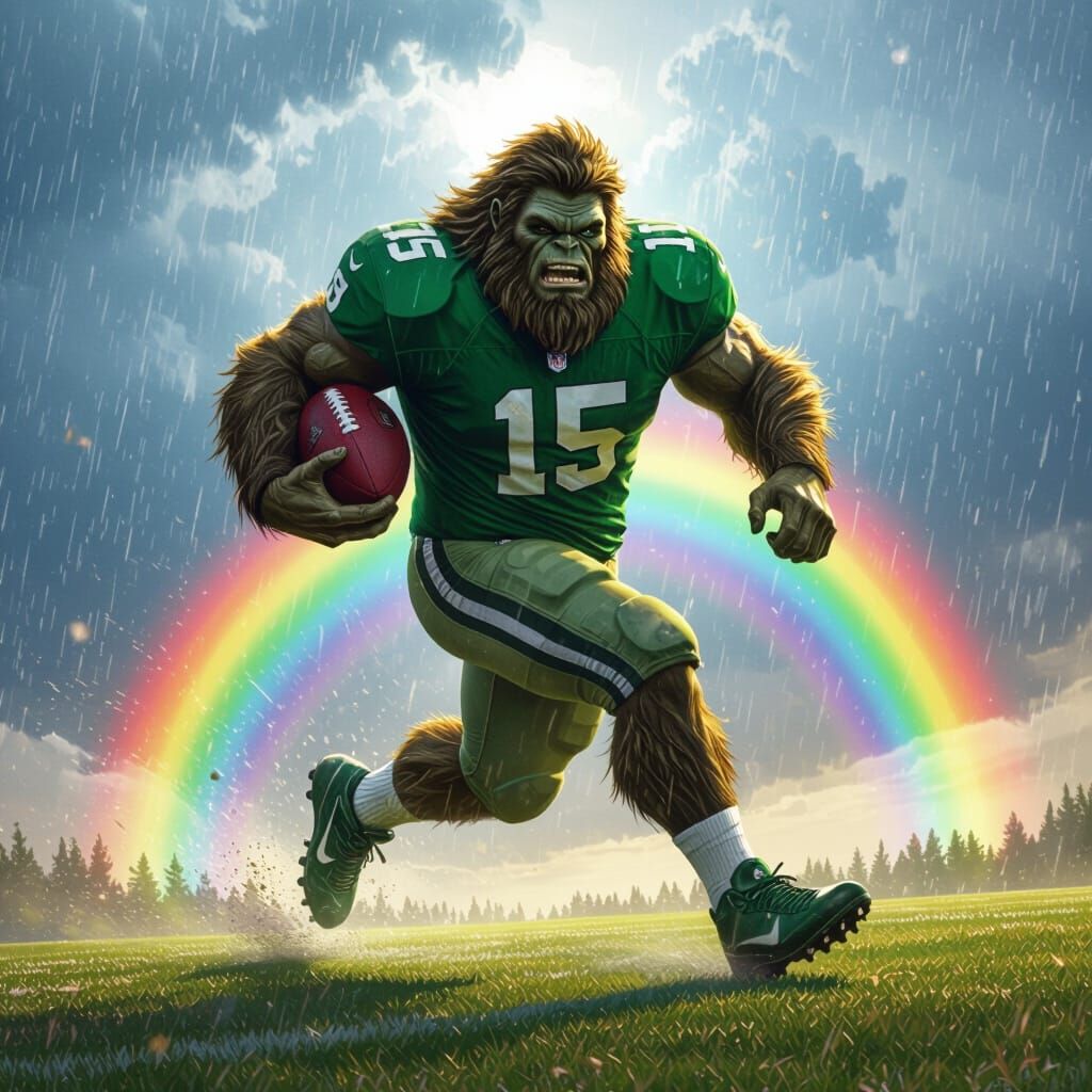Bigfoot Plays Football on a Rainbow, Realistic Style