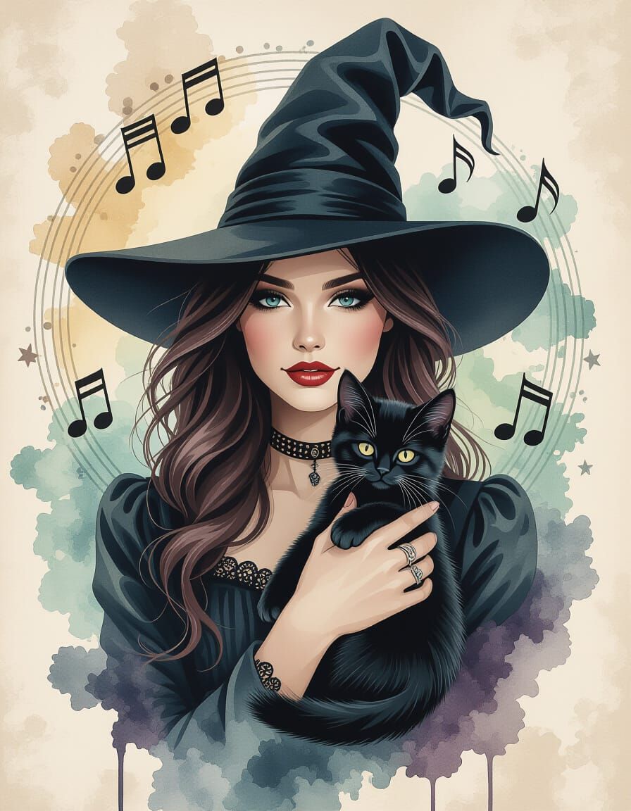 Vintage Witch with Black Kitten in Watercolor Style