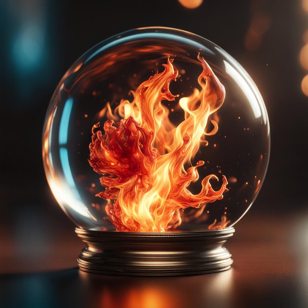 Fiery Flame Inside Glass Sphere: Hyperrealistic CGI Art