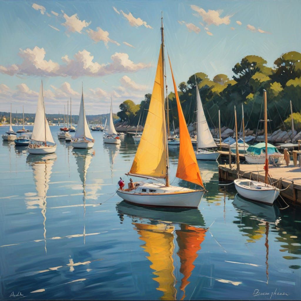 Impressionistic Sailboat Scene with Vibrant Colors and Textu...