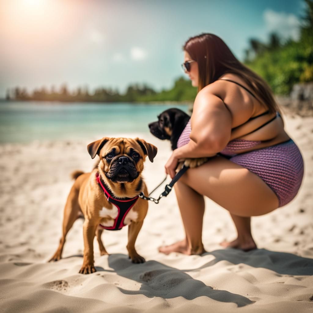Beautiful Plus-Size Woman in Bikini with Dog