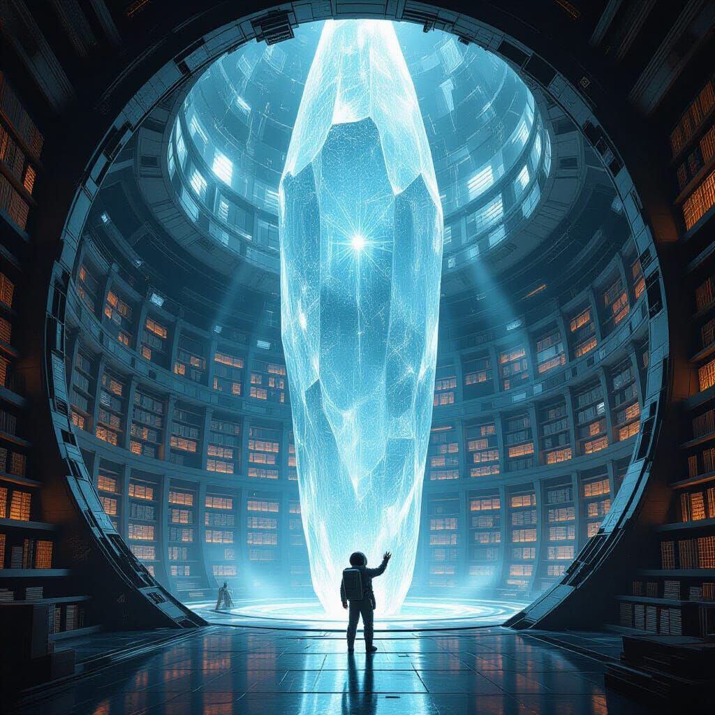 Astronaut Explores Alien Library on Crystalline Asteroid