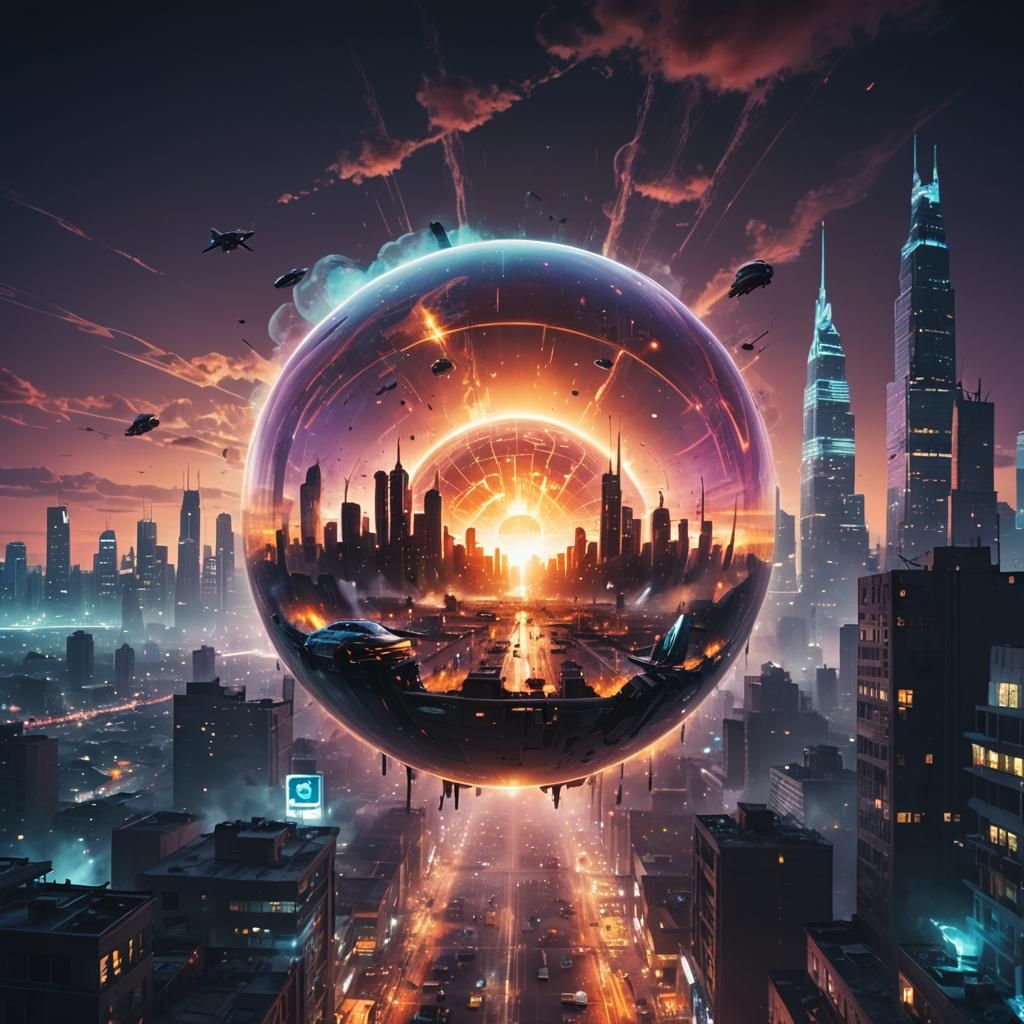 Double Exposure: Ruined City Orb in Futuristic Skyline