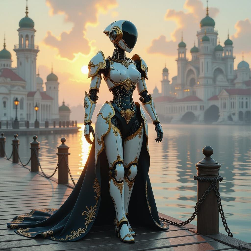 Porcelain Robot Sentinel on Misty Dock