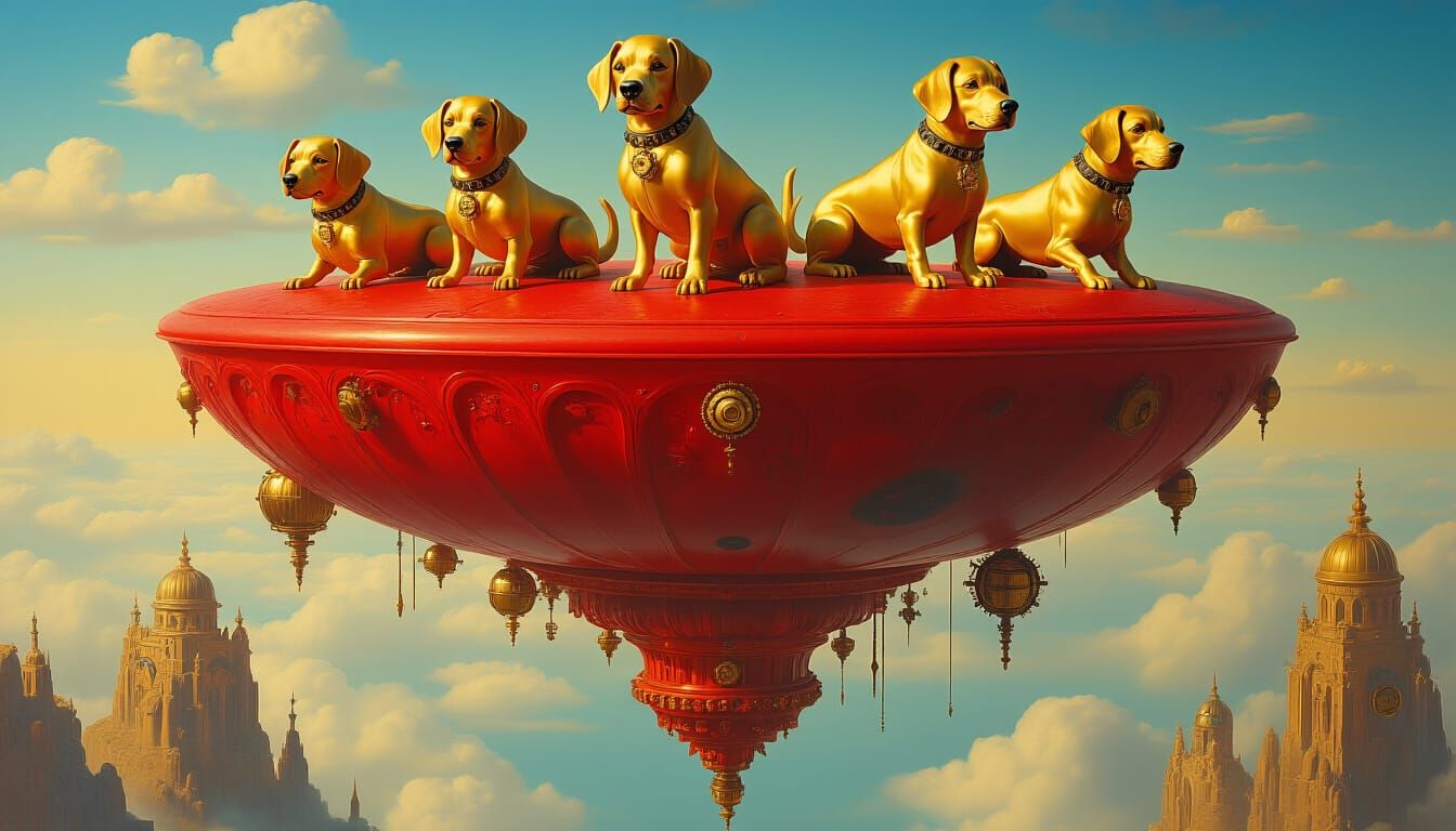 Gothic Talking Heads on Floating Island with Steampunk Dogs