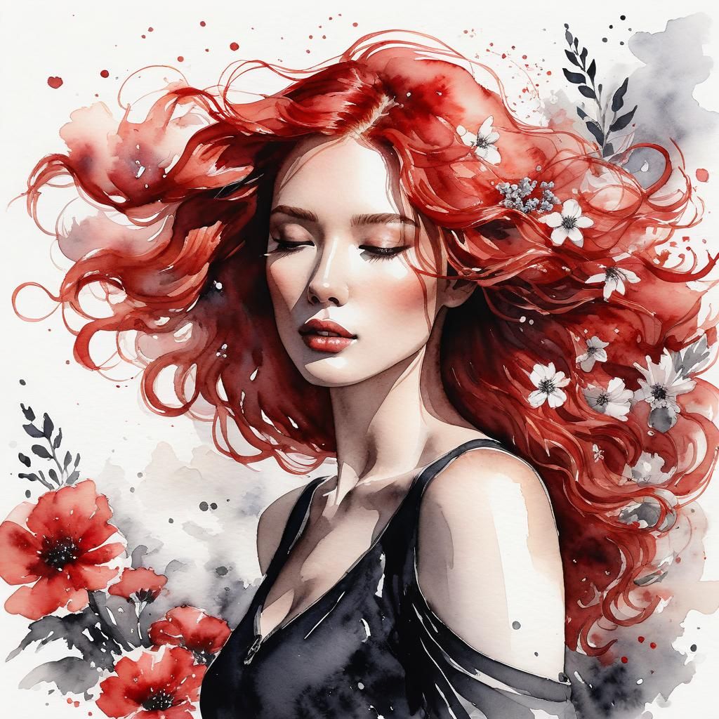 Red-Haired Girl in Red and White Watercolor Sketch