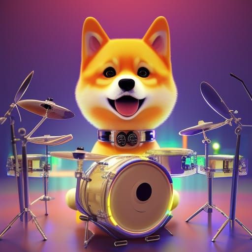Cute Cyborg Shiba Inu Drummer in Neon Studio