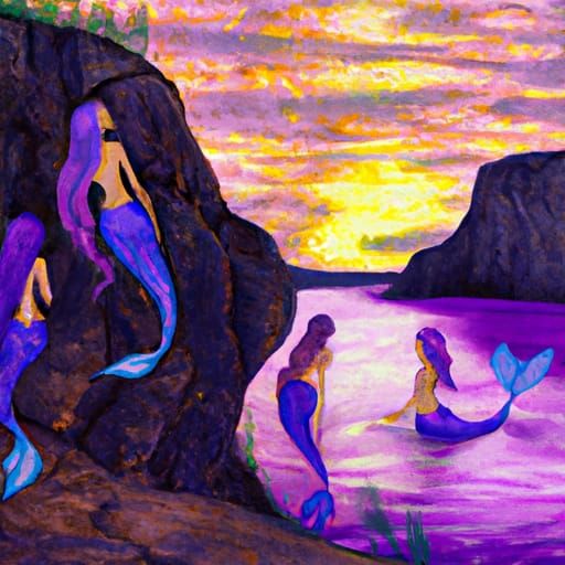 Mermaids in a Sparkling Underwater Cave at Sunset