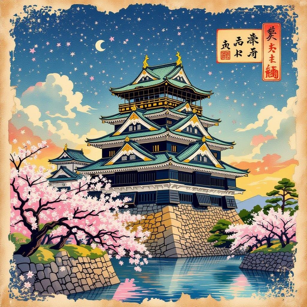 Whimsical Golden Age Castle Amid Cherry Blossoms
