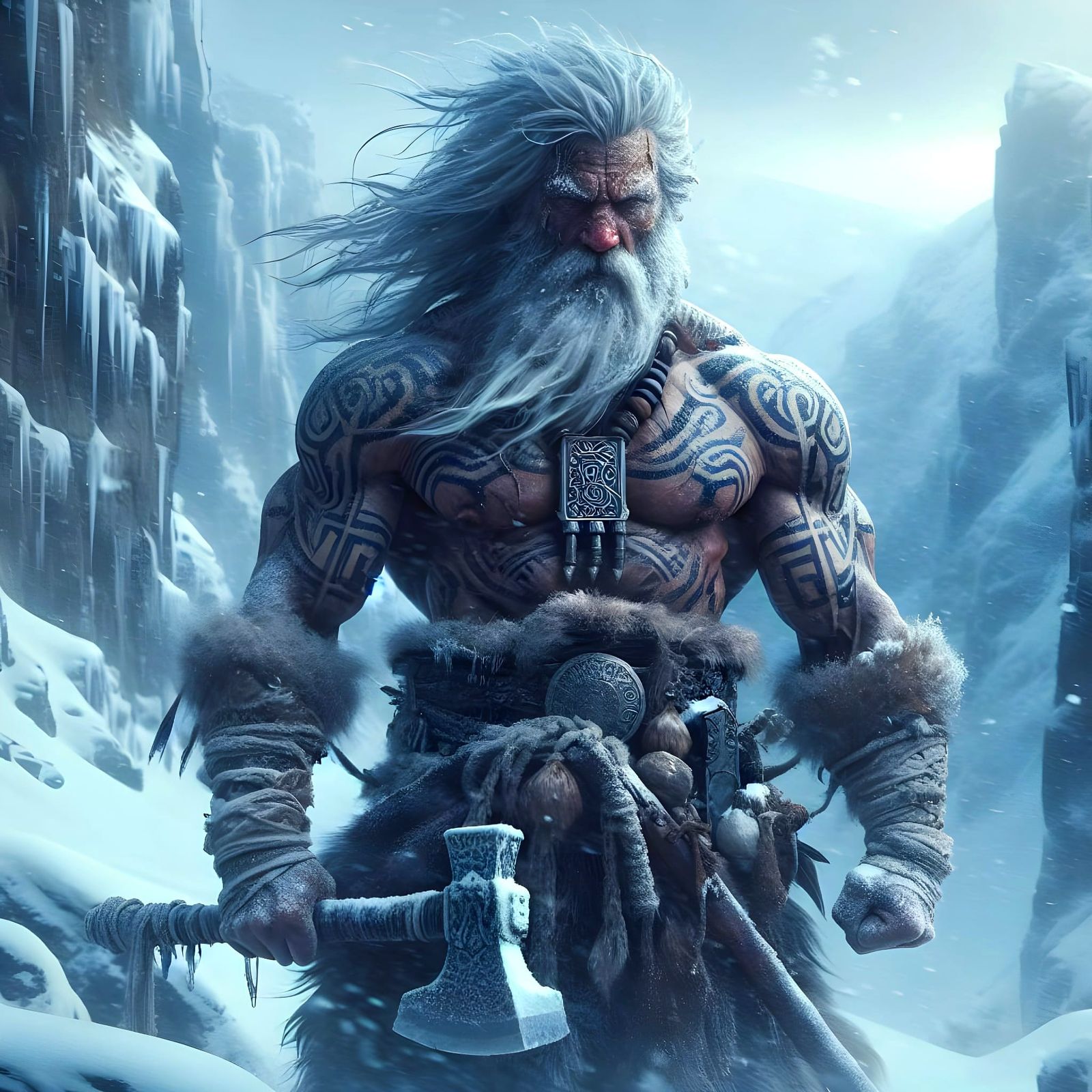 Viking Warrior Emerges from Blizzard in Cinematic Digital Ar...