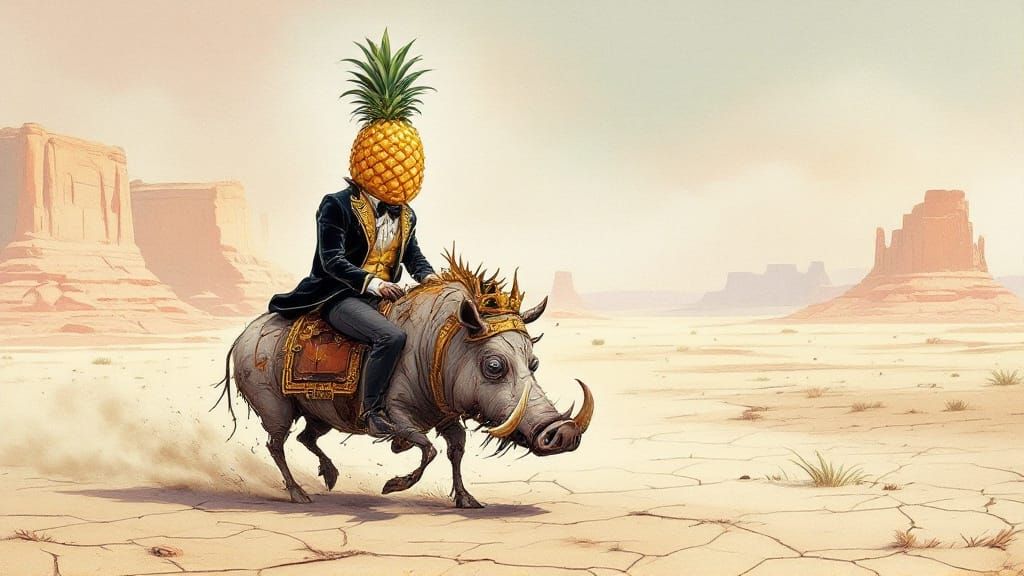 Anthropomorphic Pineapple Rides Warthog in Surreal Desert