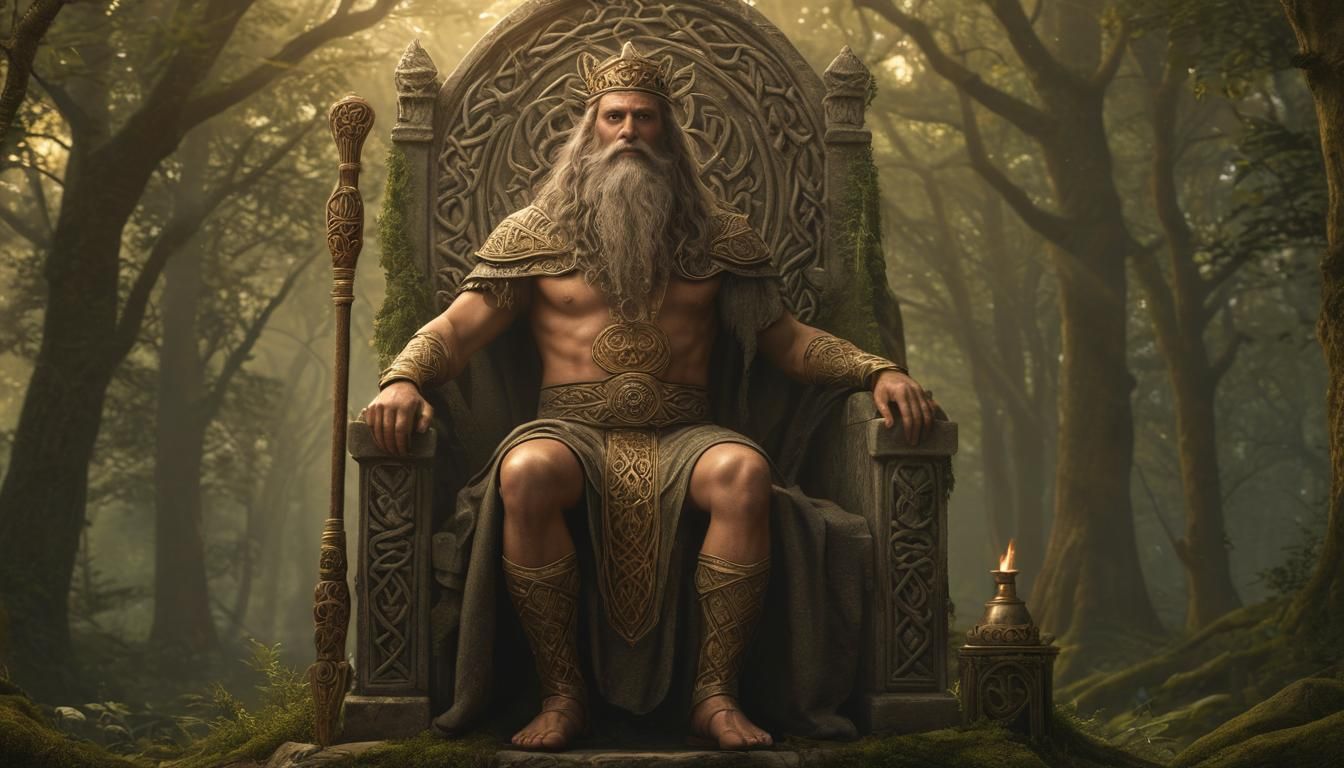 The Dagda: Celtic God in Mystical Forest