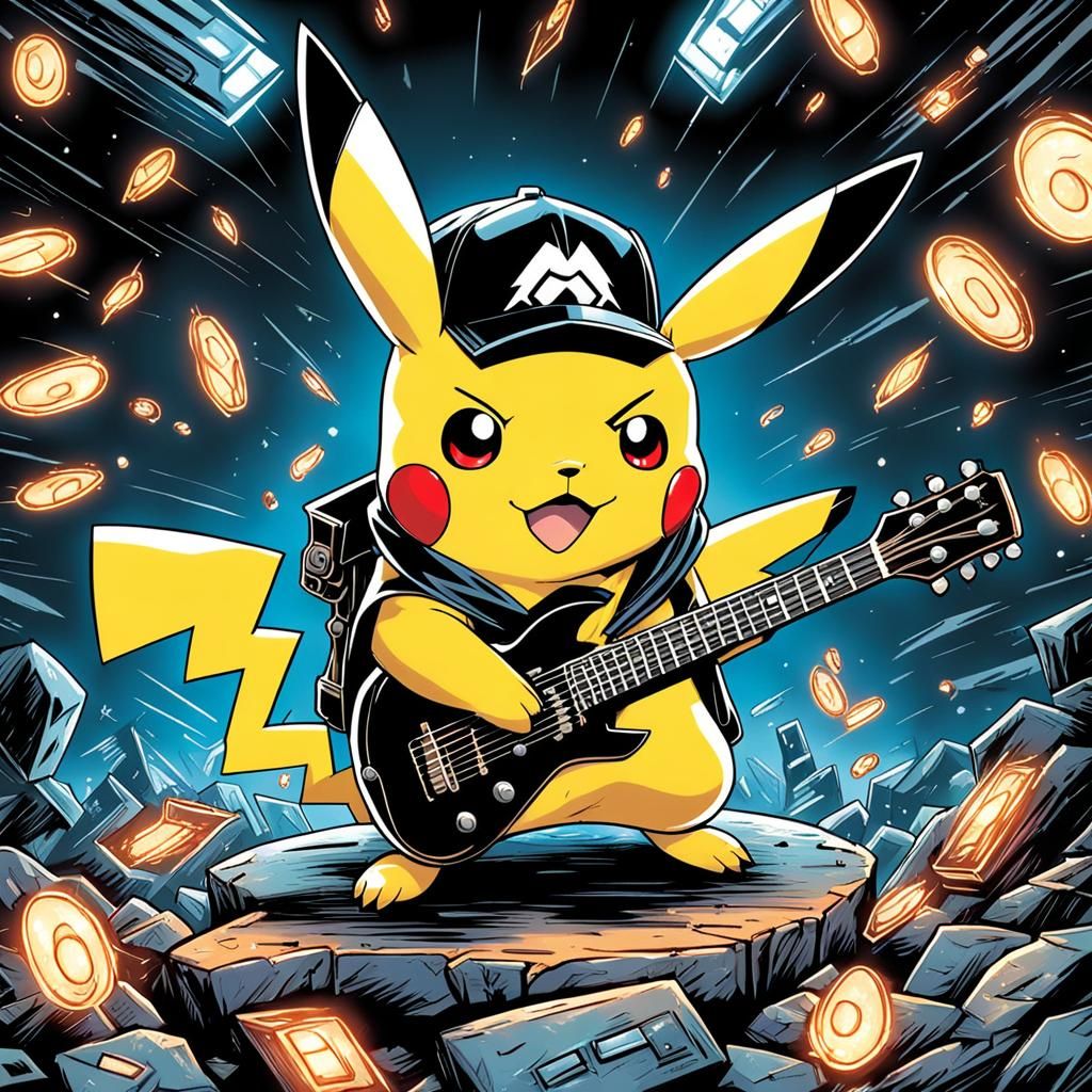 Baby Pikachu Rocker Playing Guitar Comic Art