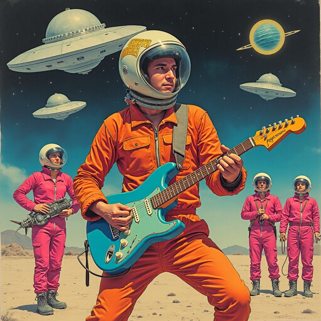 Retro-Futuristic Musician in Orange Spacesuit Plays Electric...