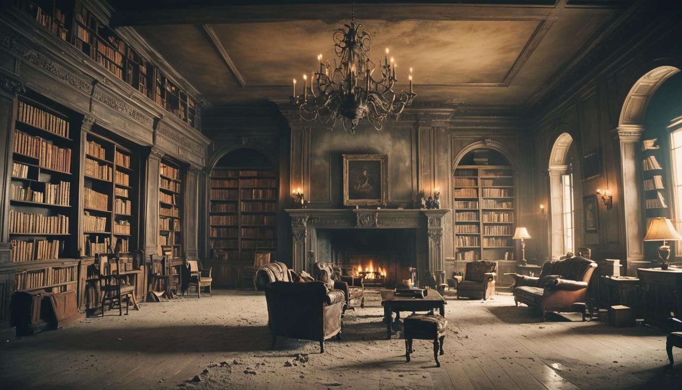 Dusty Castle Library with Fireplace, Cinematic Film Still