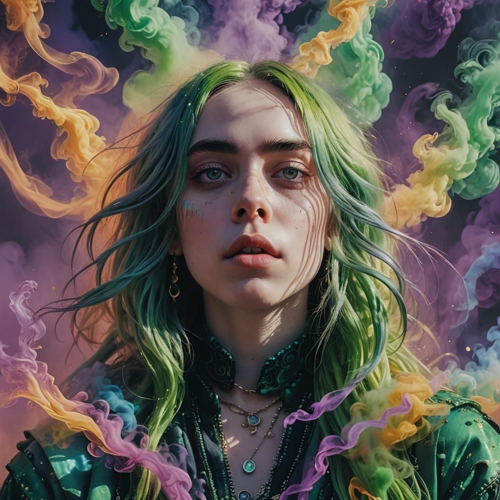 Billie Eilish Portrait with Iridescent Smoke, Digital Art