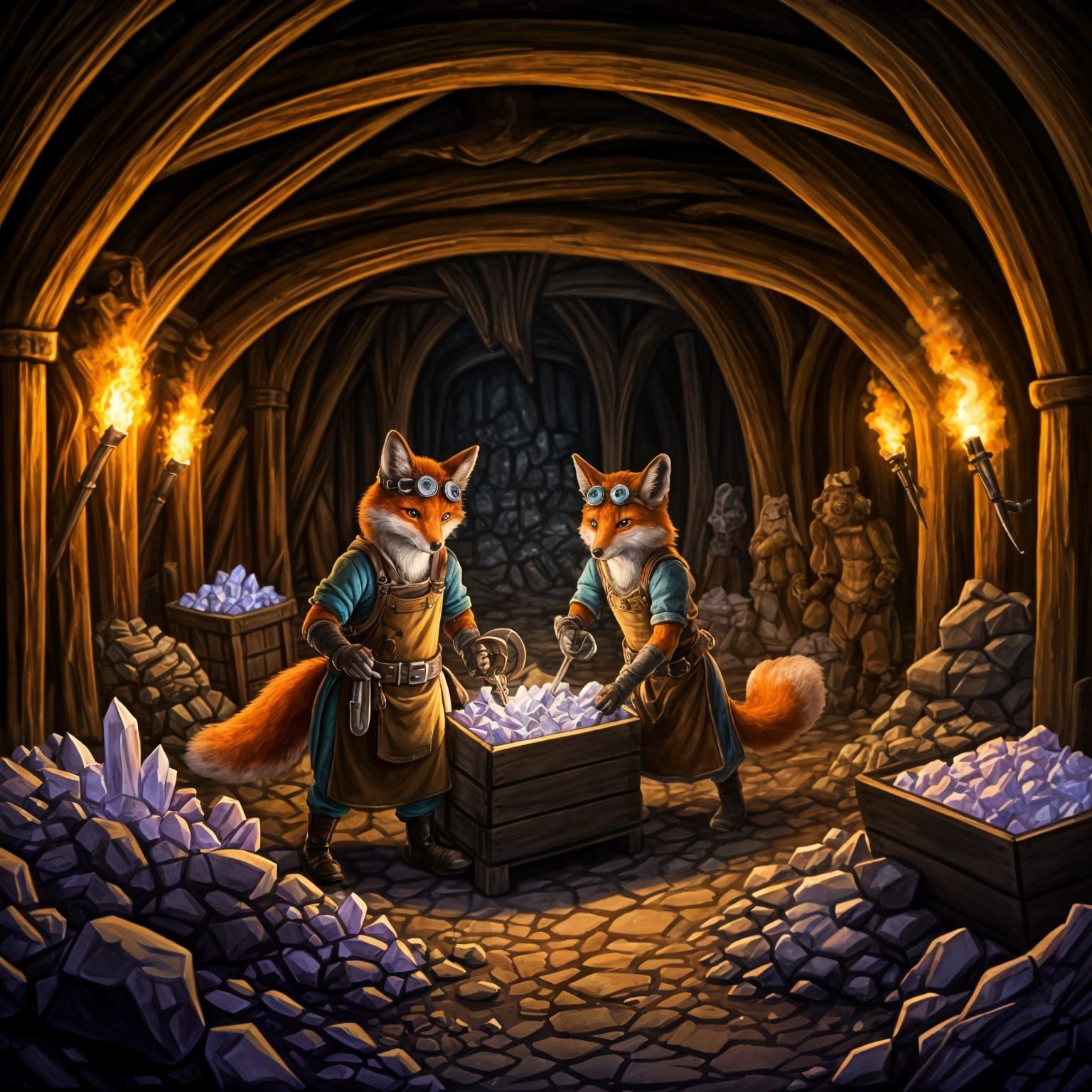 Fantasy Mining Fox Colony in Dwarf Mine