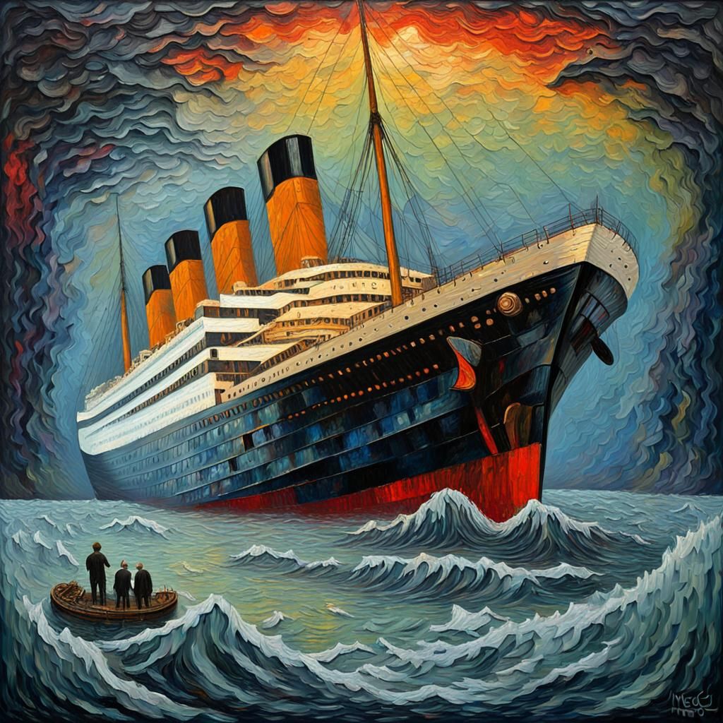Titanic Sinking with Frankenstein in Neo-Impressionist Style